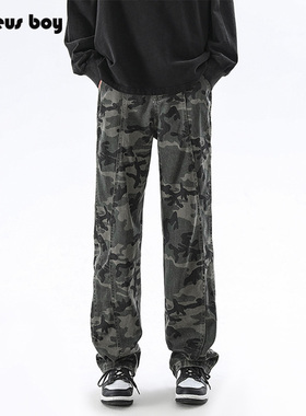 ProteusBoy牛仔裤男春秋冬季美式复古迷彩拼接户外拉链加绒休闲裤