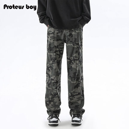 ProteusBoy牛仔裤男春秋冬季美式复古迷彩拼接户外拉链加绒休闲裤