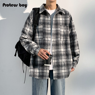ProteusBoy 美式复古拼色格子休闲内搭外套翻领纽扣长袖衬衫 2533