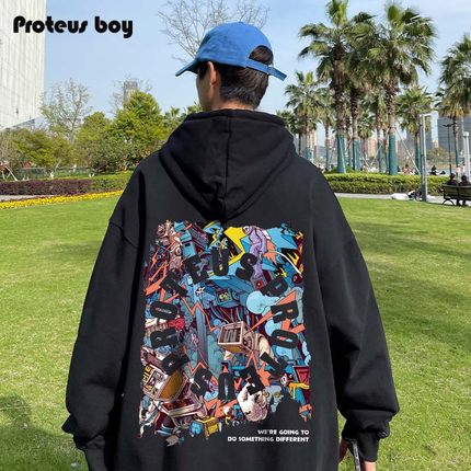 ProteusBoy卫衣男连帽春秋冬季新款男生潮牌印花加厚加绒上衣外套