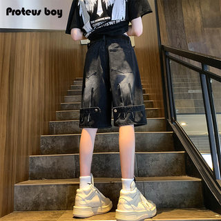 ProteusBoy牛仔短裤男夏季男士美式机能拉链直筒宽松休闲五分中裤