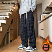 复古格纹加绒厚户外运动直筒阔腿抽绳休闲长裤 ProteusBoy 美式