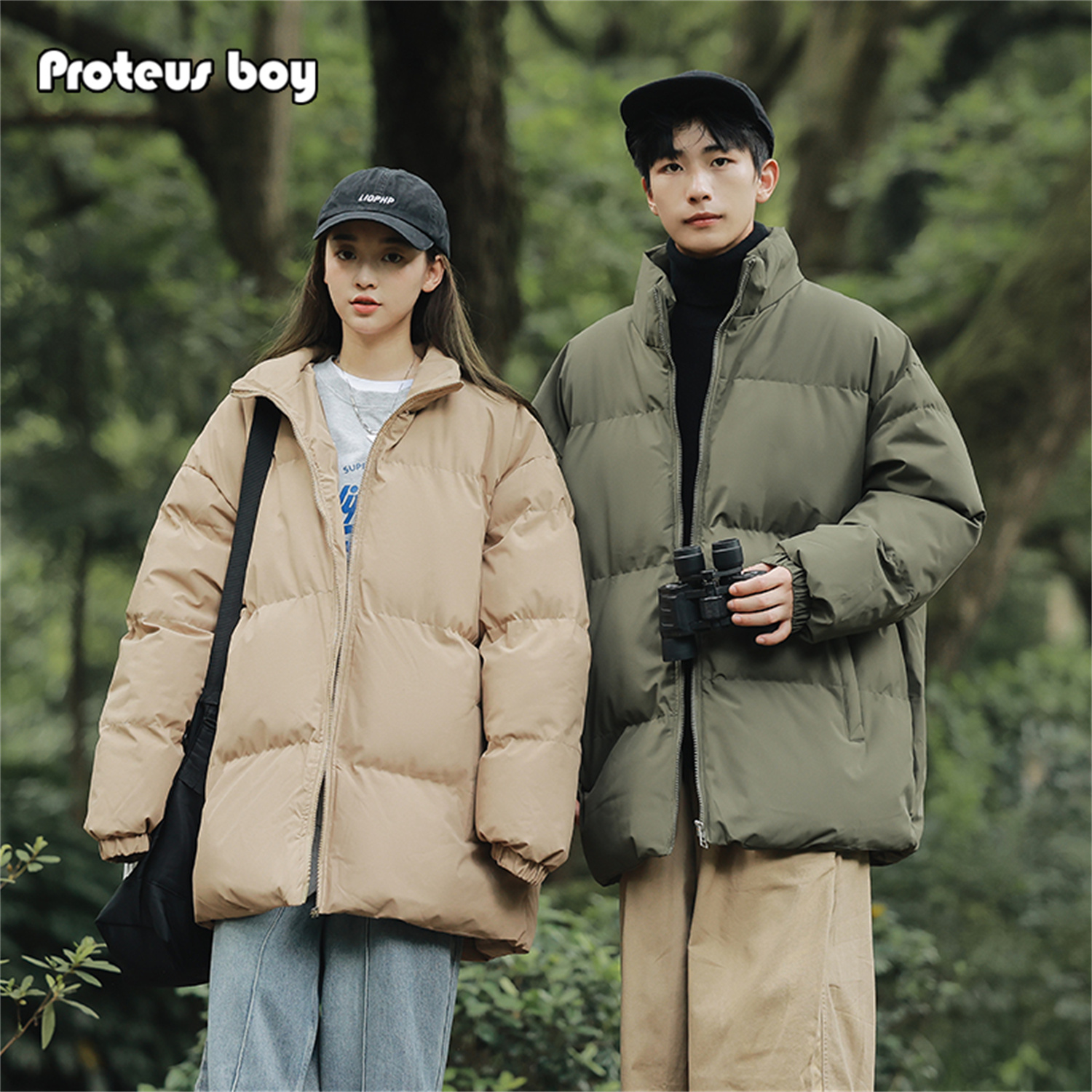 ProteusBoy 日系纯色户外防水保暖拉链立领加厚面包棉服外套 9976