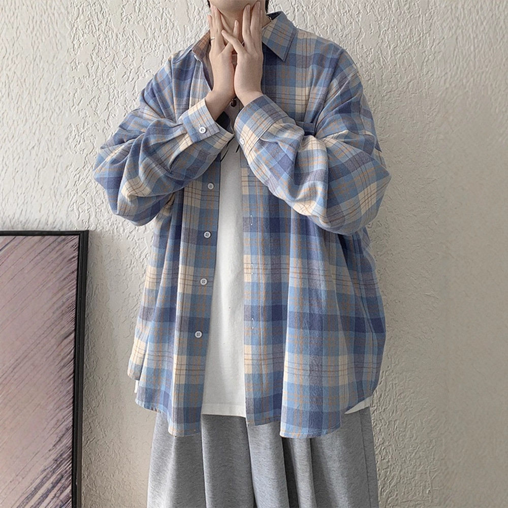 秋季港风格子衬衫男ins潮流宽松长袖衬衣设计感慵懒风休闲外套潮