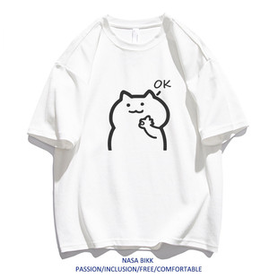 夏季新款男式宽松短袖T恤纯棉潮牌日系简约印花猫咪OK图案情侣装