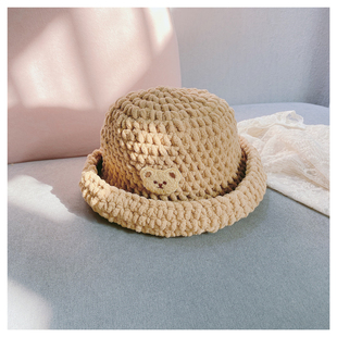 小熊渔夫帽织帽子粗针毛线手工编织帽子diy材料包儿童宝宝冰线条