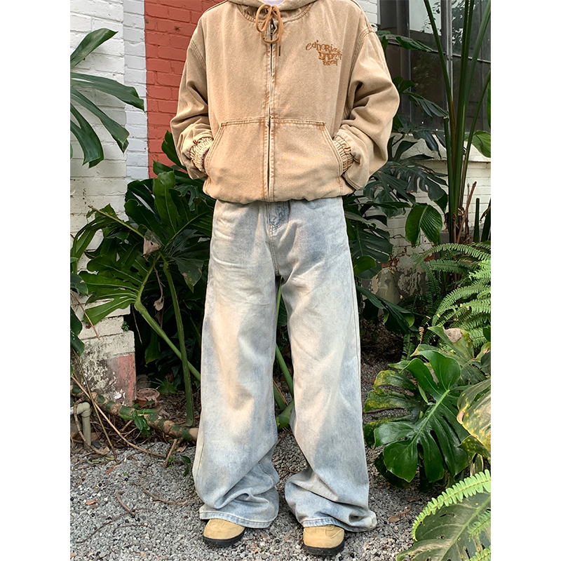 thumbnail for American retro baggy wide-leg jeans, washed and white, vintage Japanese loose straight-leg mop pants, lengthened