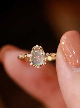 monocle 月光石冰透绿玉髓镶玉葫芦戒指镀金色小众轻奢气质指环