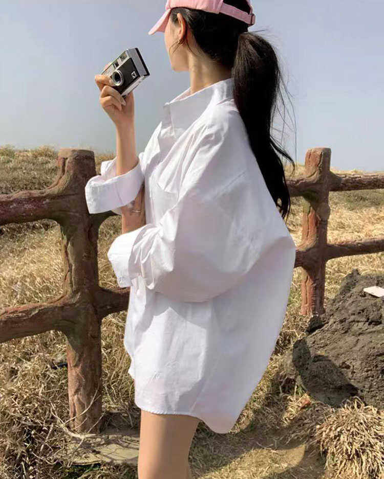 宽松bf风长袖白色大口袋衬衫上衣女学生百搭衫2024春夏新品连身裙