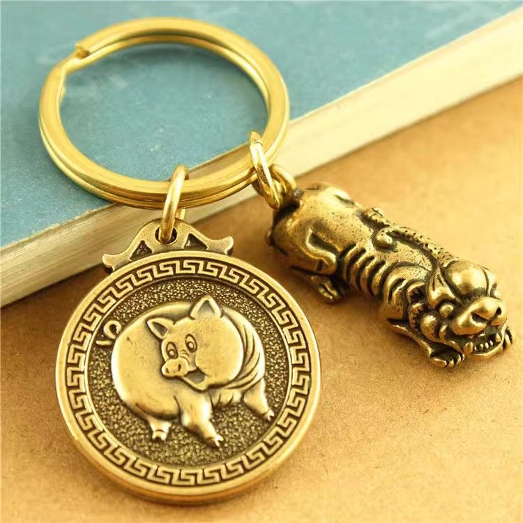 招财貔貅钥匙扣挂件男女聚财纯黄铜十二生肖挂饰复古汽车钥匙吊坠