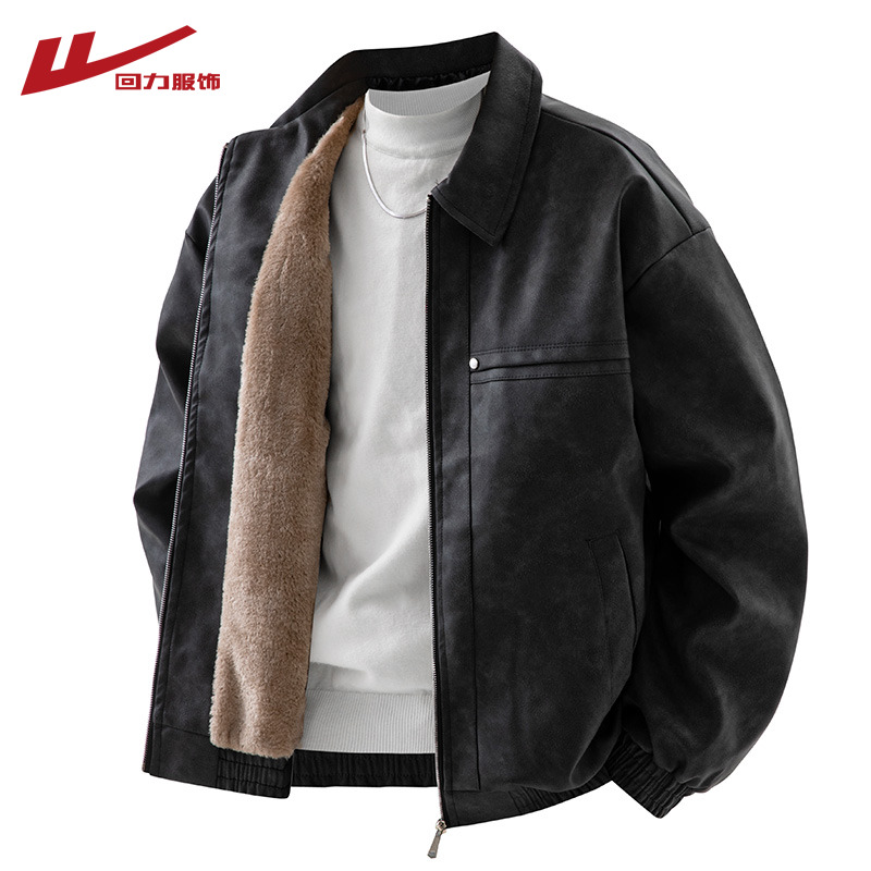 回力加绒PU皮夹克男冬季2025新款