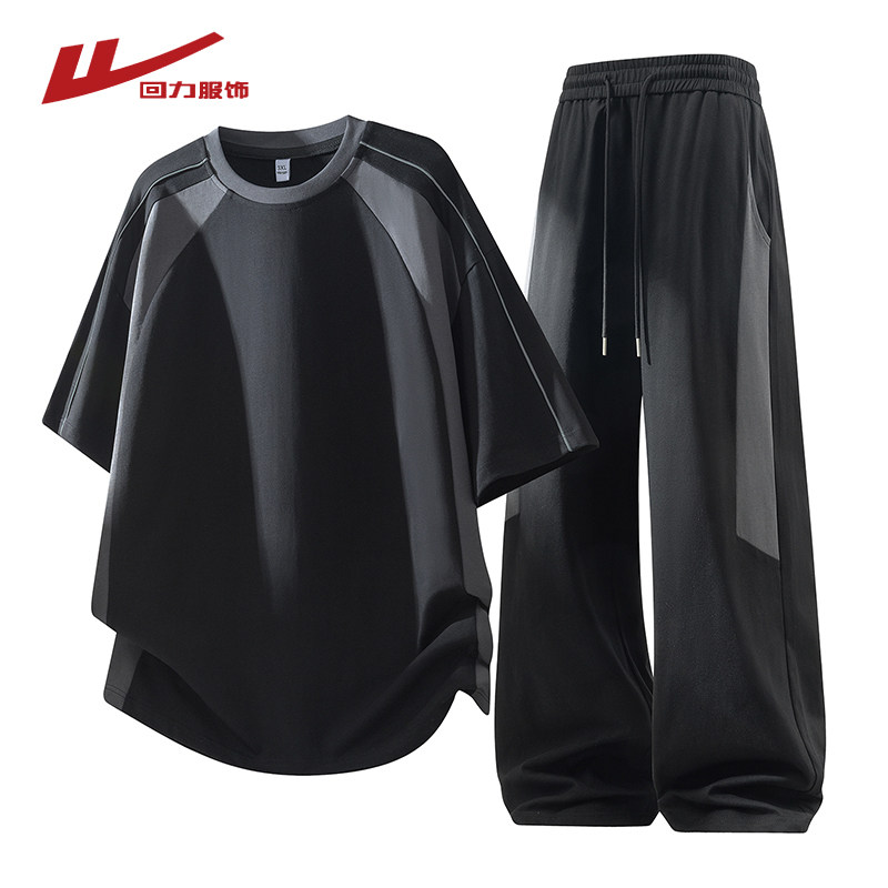 回力美式拼接冰丝休闲运动套装男士夏季薄款青少年短袖t恤两件套