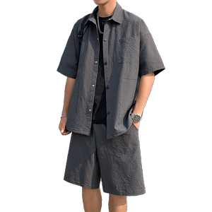 回力冰丝短袖衬衫男套装2024夏季新款宽松百搭休闲运动男生一套装