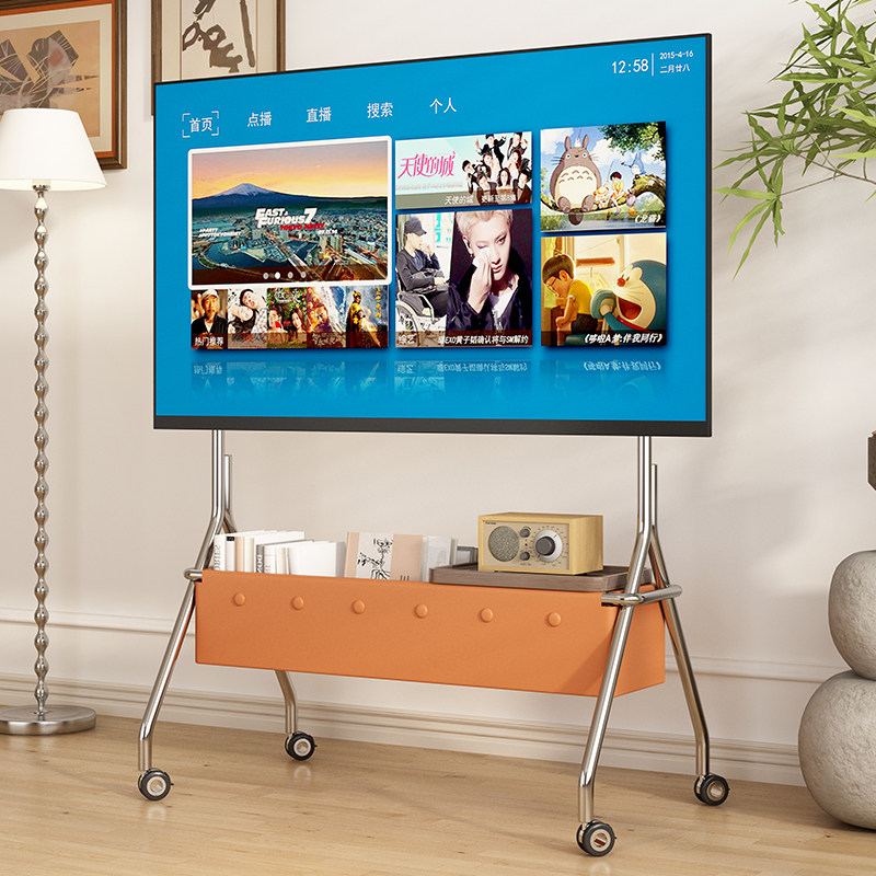 不锈钢可移动电视支架家用卧室电视机移动架子复古落地式带轮推车
