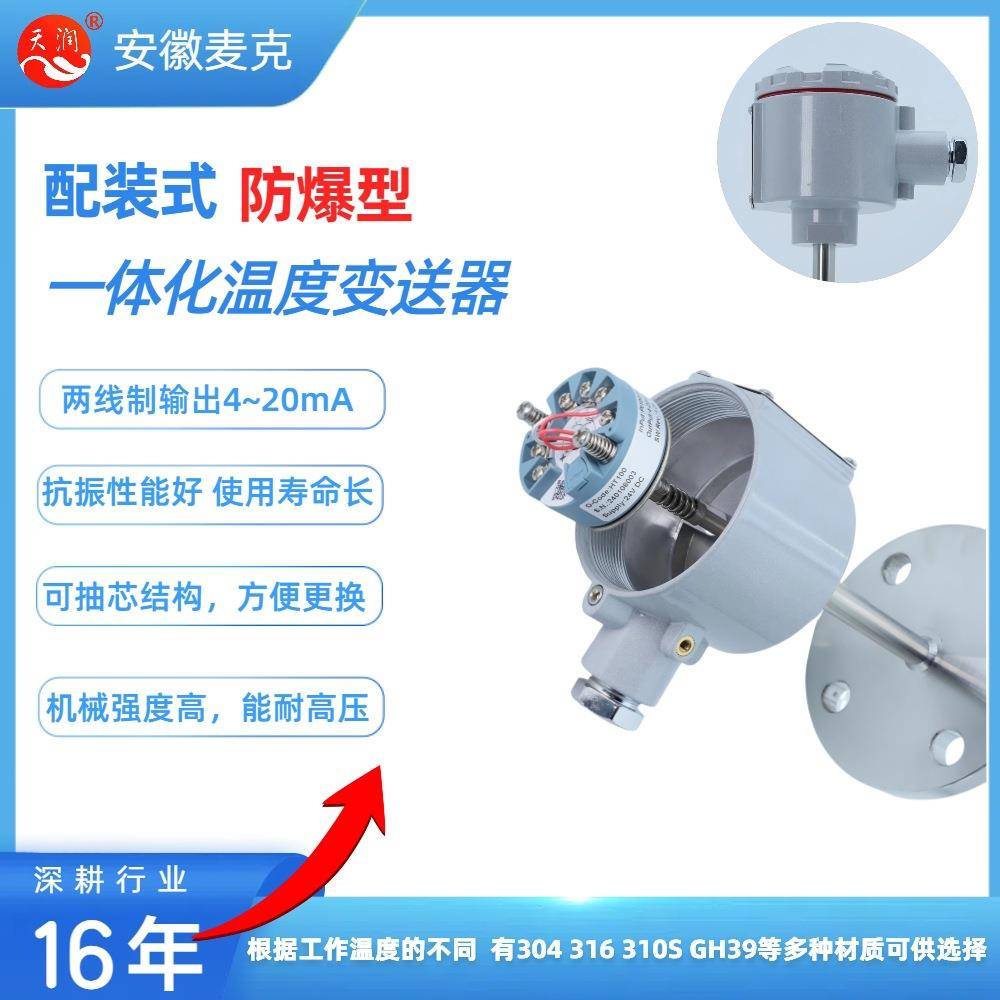 机电一体化本安防爆铂电阻一体化温度传感器WZPB-4414~20mA