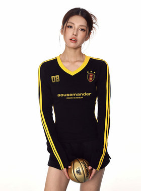 WASSUP美式复古V领辣妹风长袖t恤女撞色运动修身显瘦百搭上衣打底