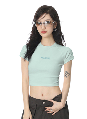 WASSUP短款t恤女2025新款夏季修身显瘦正肩短袖辣妹露脐打底上衣
