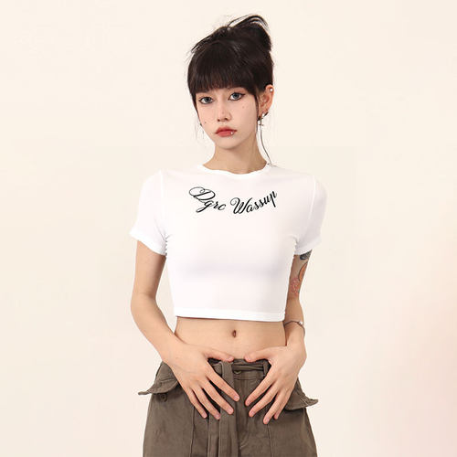 WASSUP美式白色正肩短袖t恤女