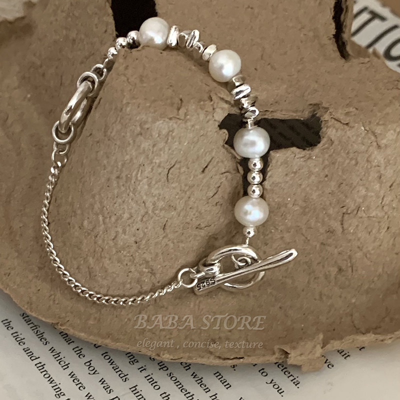 baba store原创纯银珍珠手链牛角手串饰品银饰小众韩版ins免摘