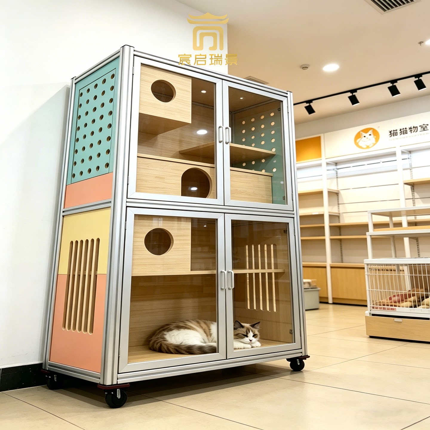 铝合金双层猫笼子带跳板高颜值透明玻璃门耐用多层猫别墅宠物笼