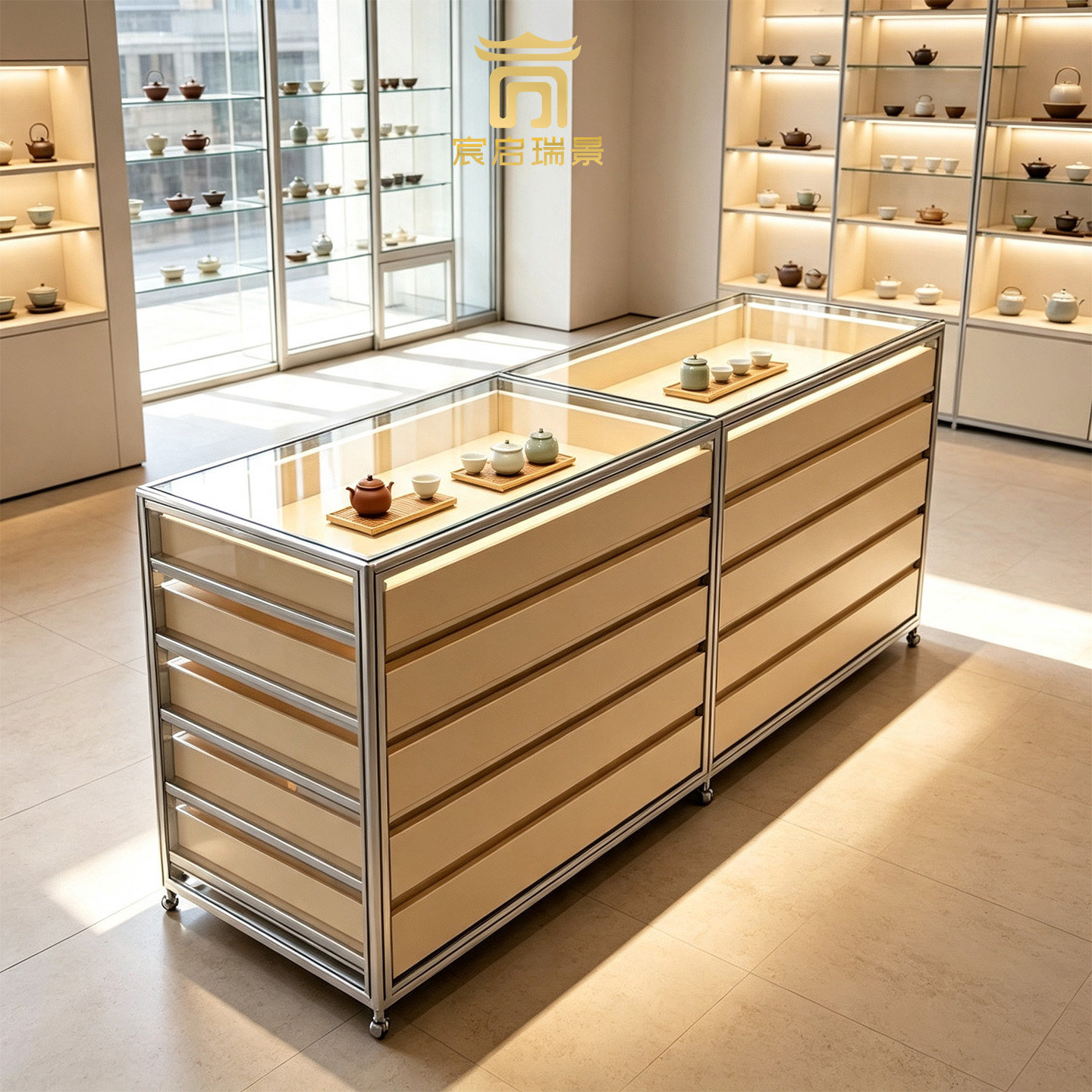 高端茶器茶具展示柜铝型材桦木海洋板玻璃门店商用中岛柜台现代