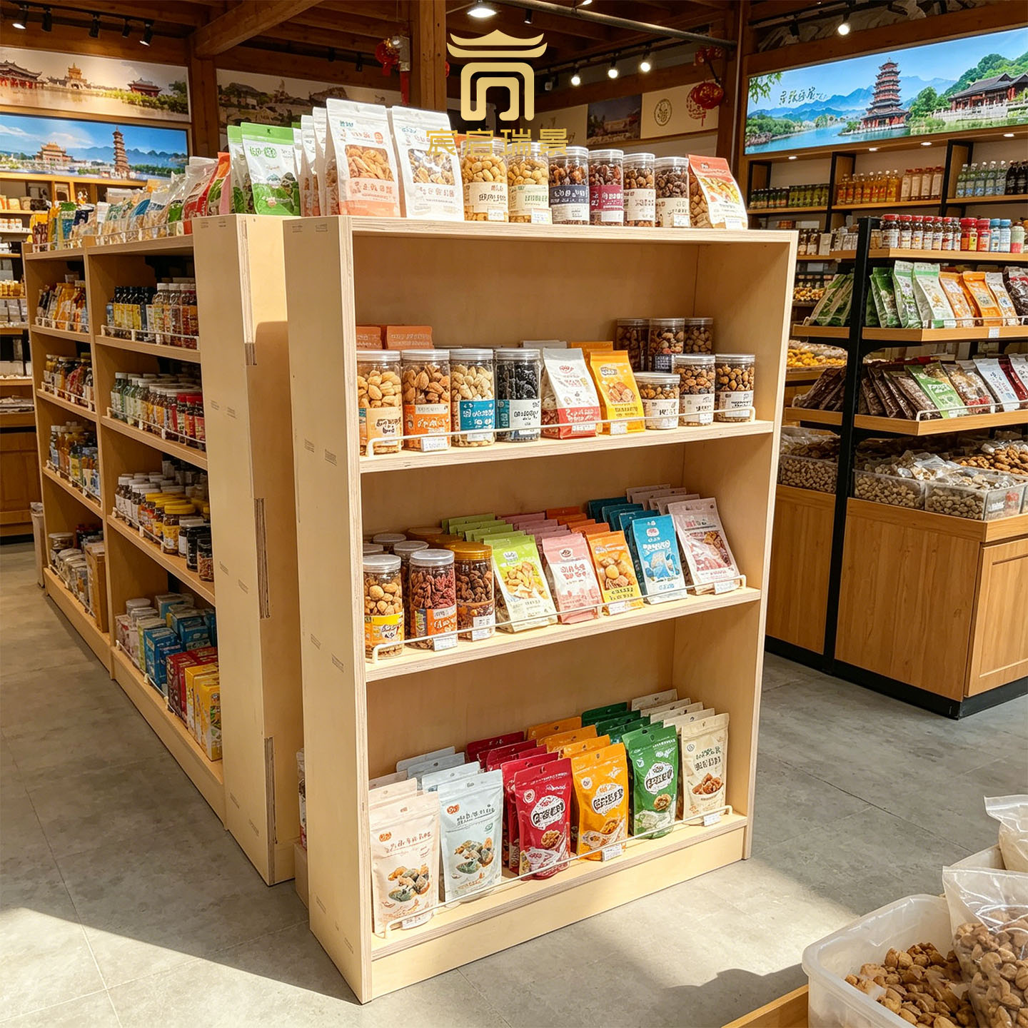 便利店商用木质展示架特产店零食干货落地货架食品多层货品陈列柜