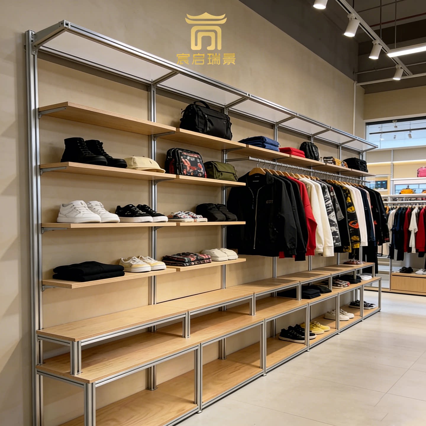 简约木质多层展示架商用服装鞋子收纳架服装店陈列柜货架置物架
