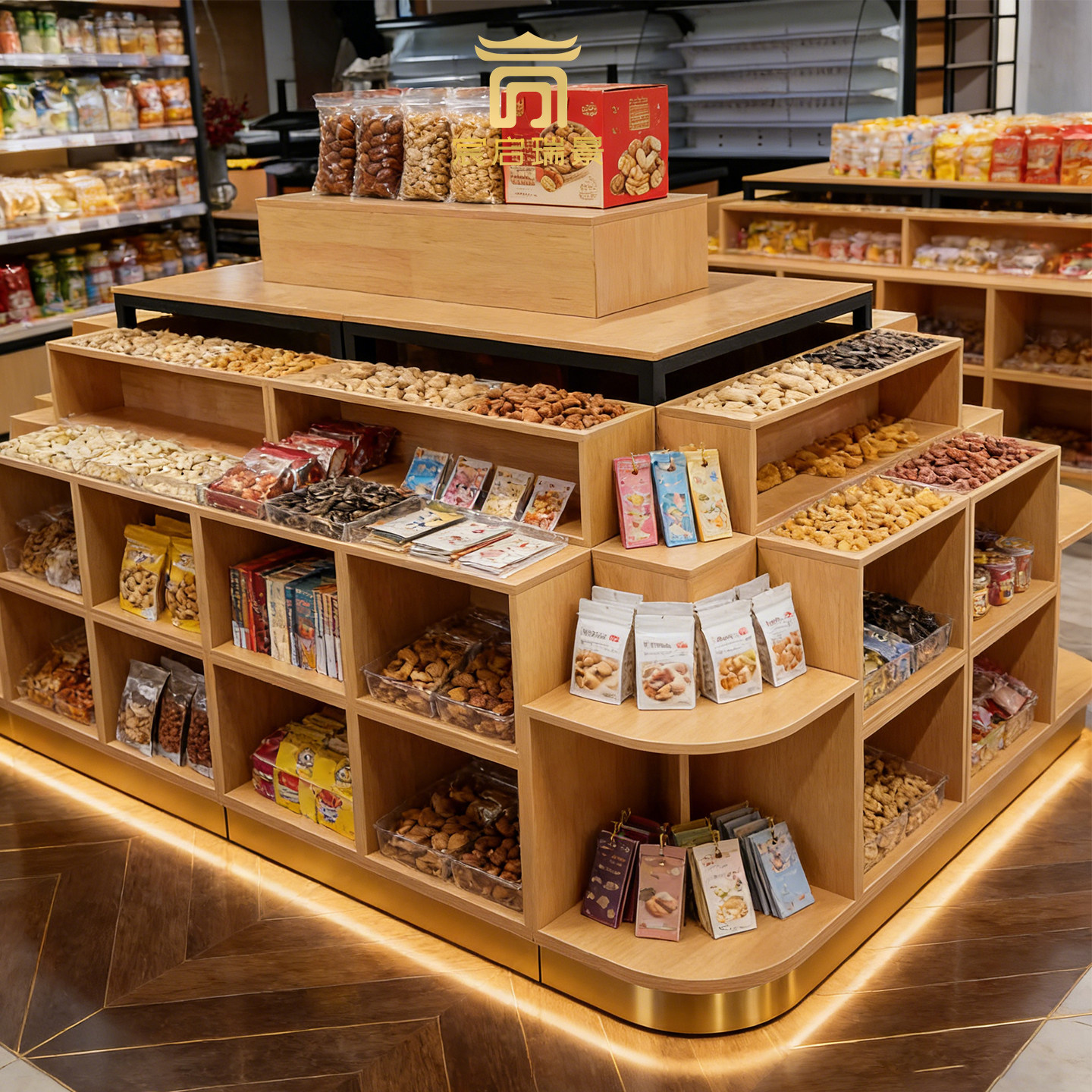 简约木质零食展示柜多层分区超市便利店商品陈列架带灯商用货架