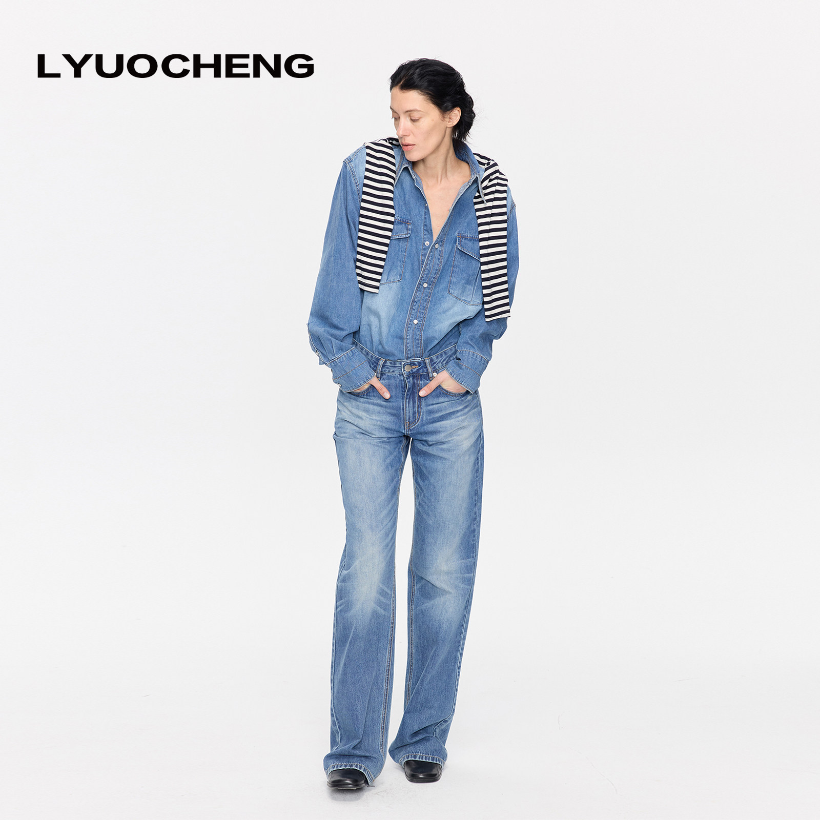 LYUOCHENG 春夏休闲磨白复古水洗牛仔衬衫套装