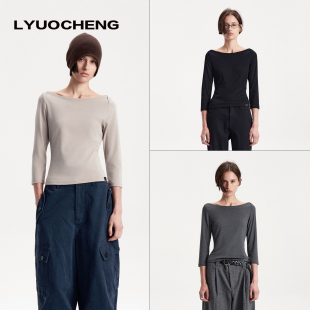 LYUOCHENG 秋冬舒适百搭船型一字领纯色针织上衣七分袖简约T恤