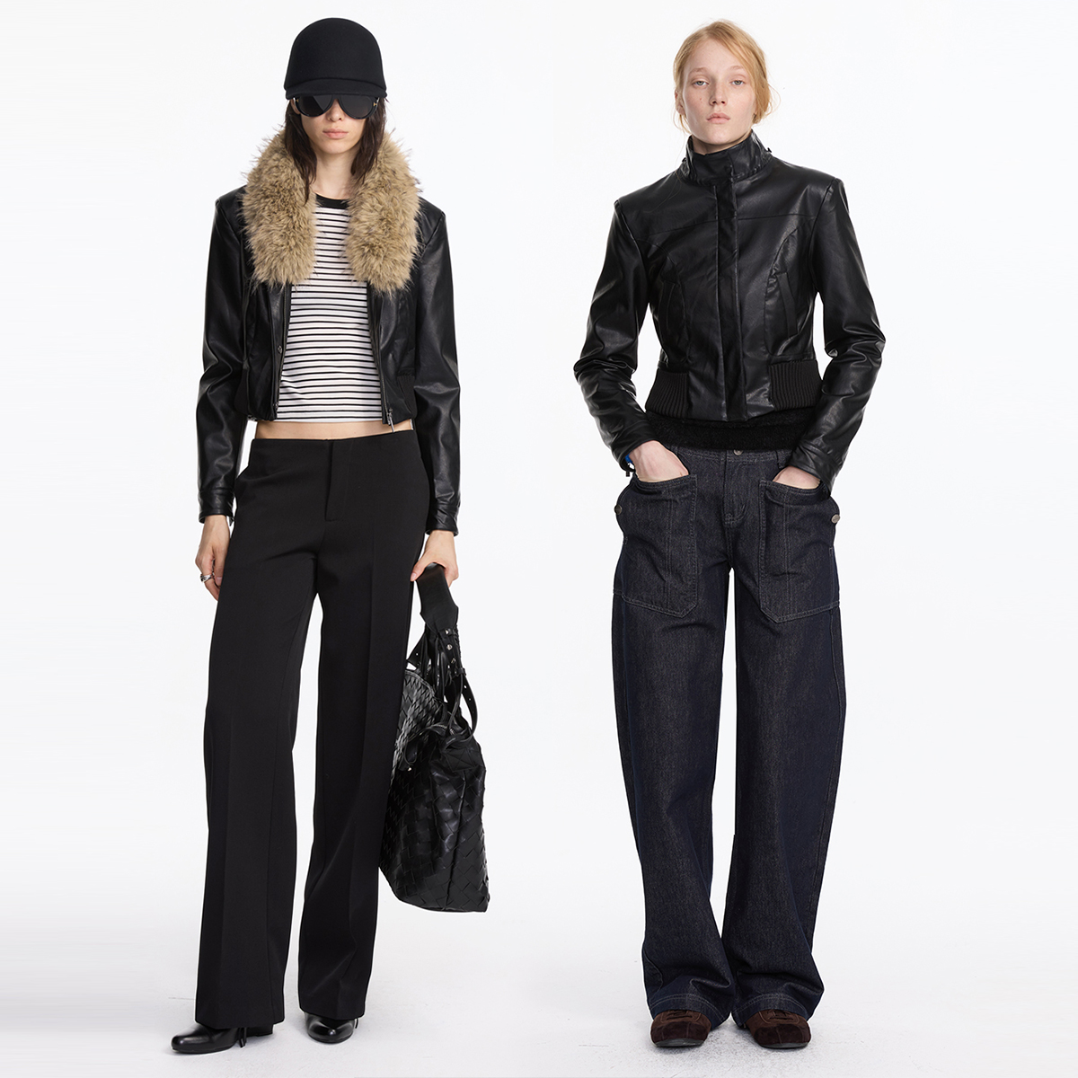 可拆卸毛领拼接螺纹皮衣短外套