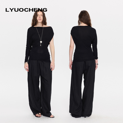 莱赛尔休闲不对称抽褶修身T恤