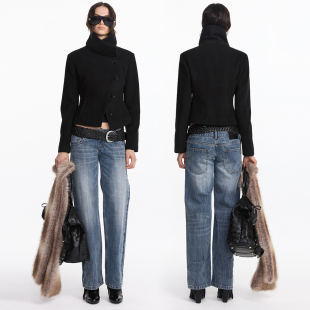 LYUOCHENG 张婧仪同款 秋冬羊毛毛呢不规则大领短外套