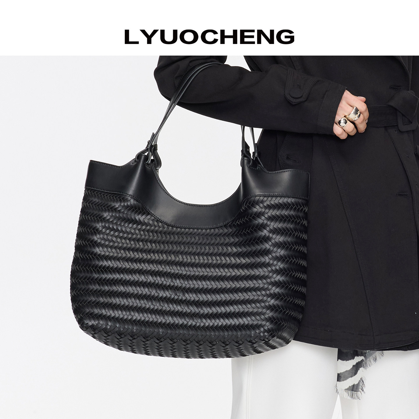 LYUOCHENG 细编织度假手提包大容量简约经典黑色托特包