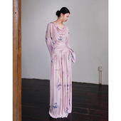 荡领百褶长袖 943paradise新款 秋粉黛印花两件套针织修身 连衣裙