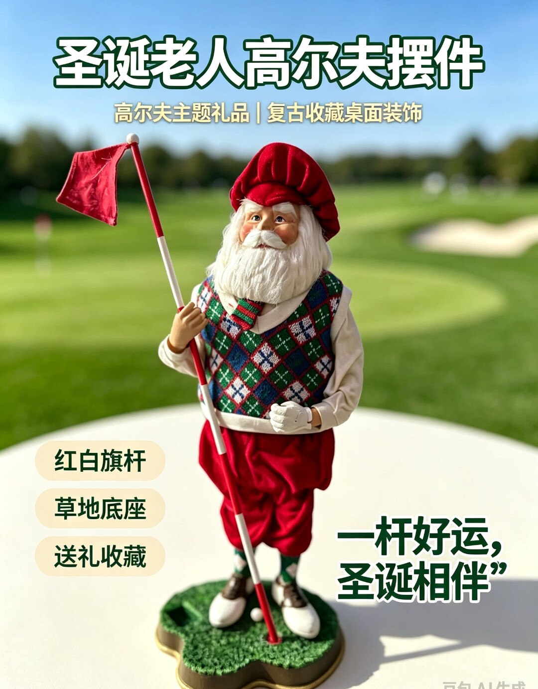 树脂高尔夫圣诞老人摆件带小旗子底座做工精致衣服可拆卸圣诞礼物