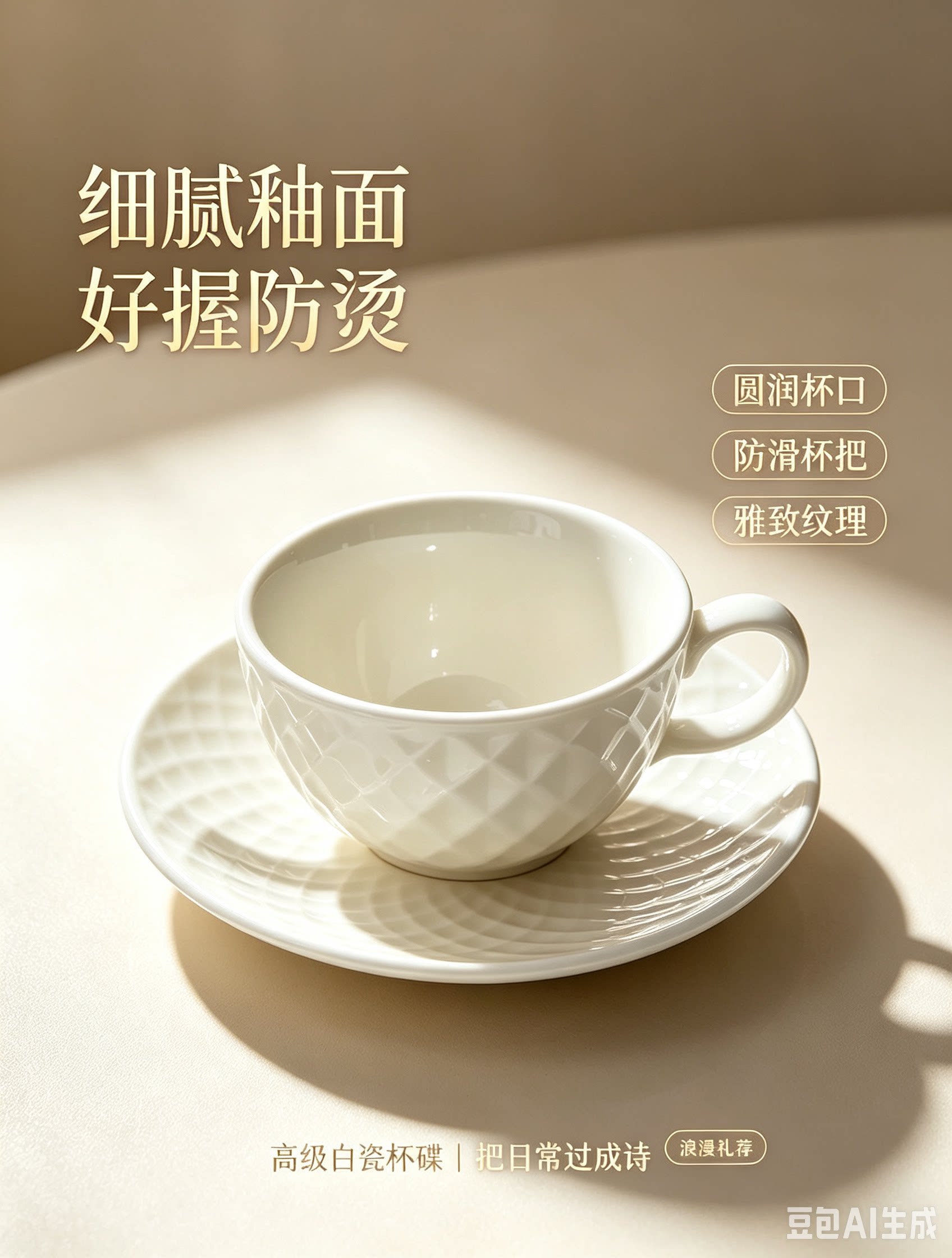 王品高尔夫咖啡杯套装一杯一碟纯白色菱格纹设计210ml