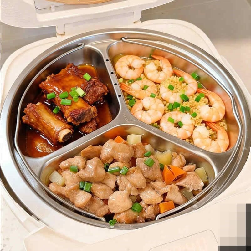 电饭锅蒸盘304不锈钢三格蒸碗带提手蒸盘子食品级分格餐盘不串味