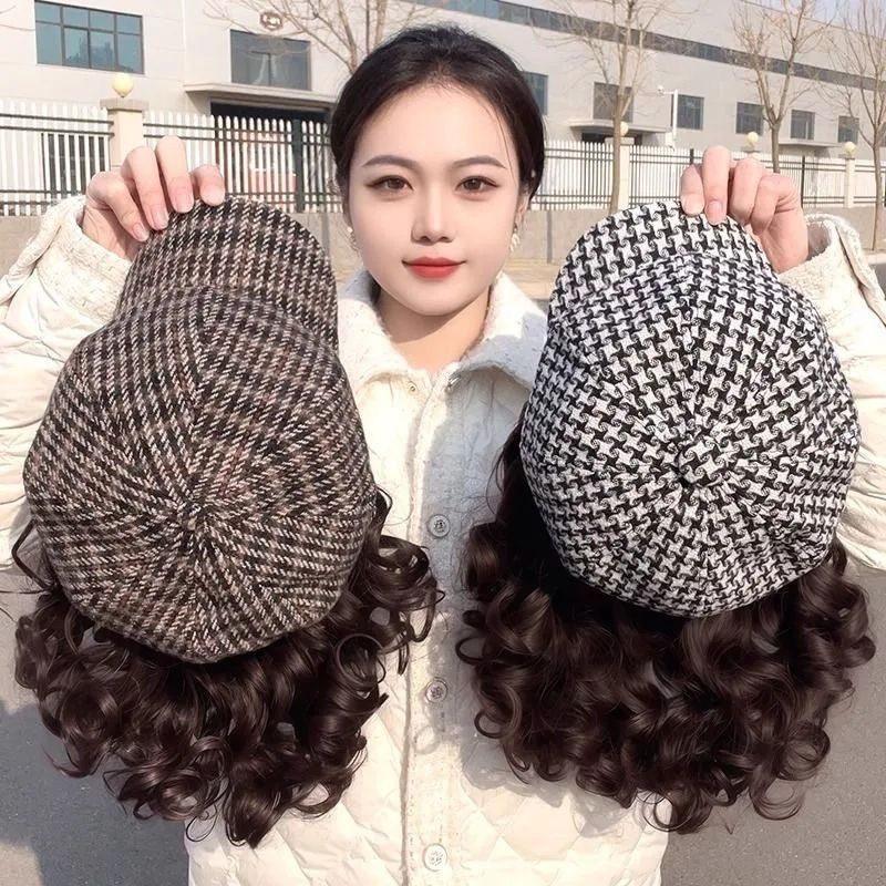 秋冬新款帽子一体中老年妈妈款短卷发千鸟格八角帽慵懒冬帽