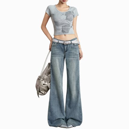 【博主同款】2026年春夏女装复古蓝竹节纹拖地不贴腿微喇牛仔裤
