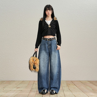 美式复古做旧水洗弯刀拖地牛仔长裤宽松垂感个性刺绣
