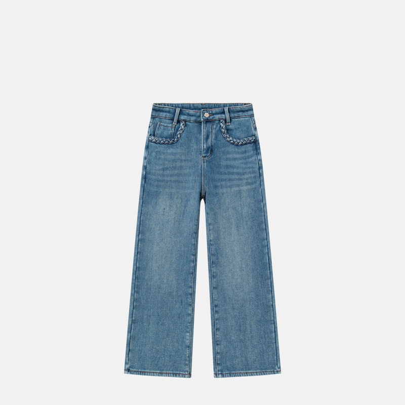 冬季杏色复合绒高腰阔腿九分牛仔裤手工编织麻花