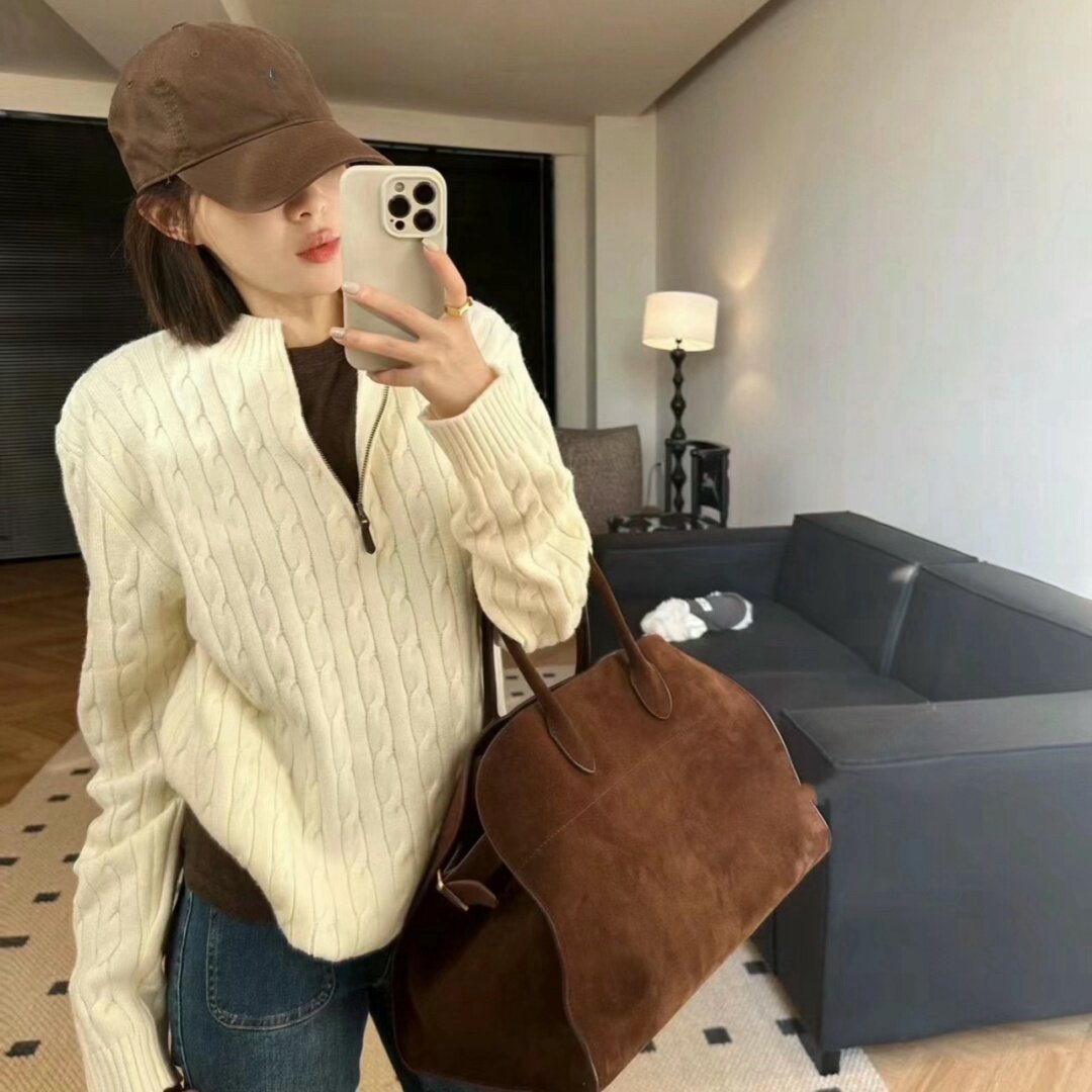 美系女士毛衣秋冬经典麻花小马刺绣羊毛羊绒男士半拉链宽松针织衫