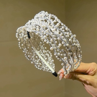 莫奈轻奢复古渐变色水贝珠串珠编织宽边头箍复古时尚 百搭发饰