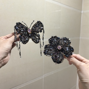 莫奈黑金蝶影花朵发夹小众设计气质高级感日常百搭款
