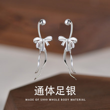 S999足银蝴蝶结飘带耳环女正品纯银精致流苏耳坠甜美丝带耳钩耳饰
