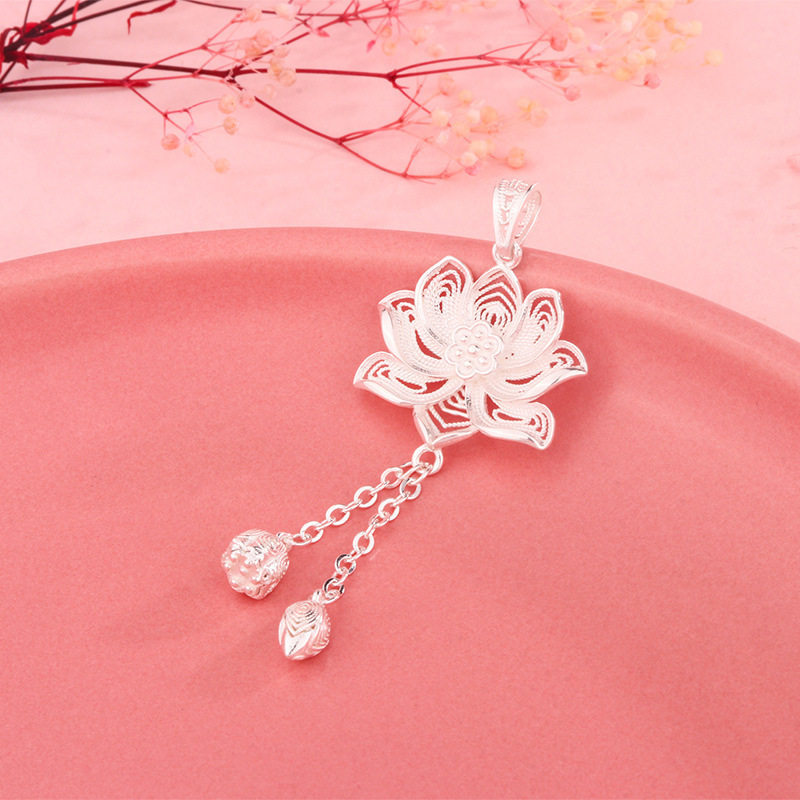 足银s990莲花莲子流苏项链吊坠正品纯银荷花锁骨链项坠新中式礼物