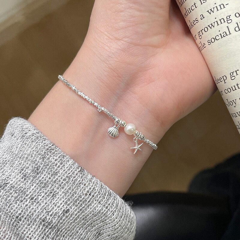 足银S999海星贝壳珍珠手链纯银碎银几两手饰送女友礼物高级感手环