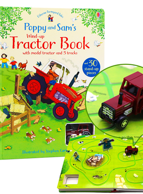 Usborne出品 拖拉机发条轨道书Poppy and Sam's Wind-Up Tractor Book英文原版 农场故事玩具书 大开本纸板 含拖拉机+30个纸卡模型