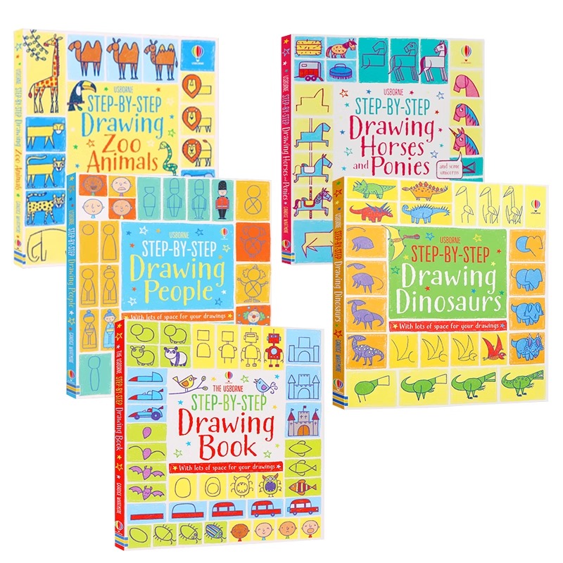 一步一步学画画5册 英文原版绘本 usborne Step-by-Step Drawing book 儿童简笔画入门画册 幼儿绘画艺术启蒙绘本 亲子共读早教书